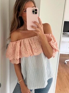 Seed Heritage Off Shoulder Eyelet Ruffle Stripe Cotton Top Pink Blue Size S